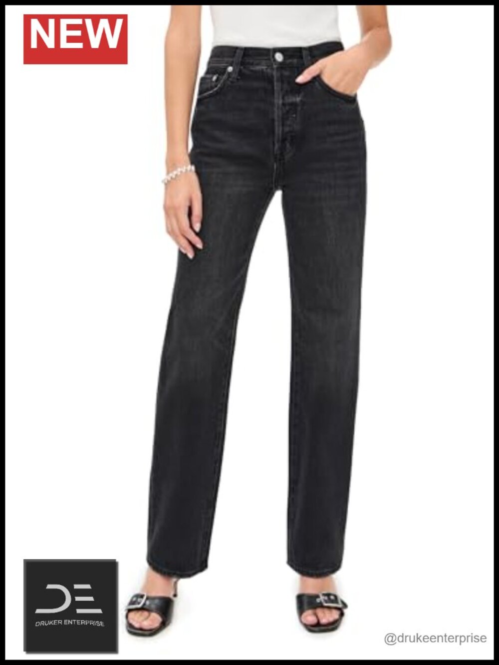 High Rise Straight Leg Jeans, Heavyweight Non-Stretch Denim, 5-Pocket, Button